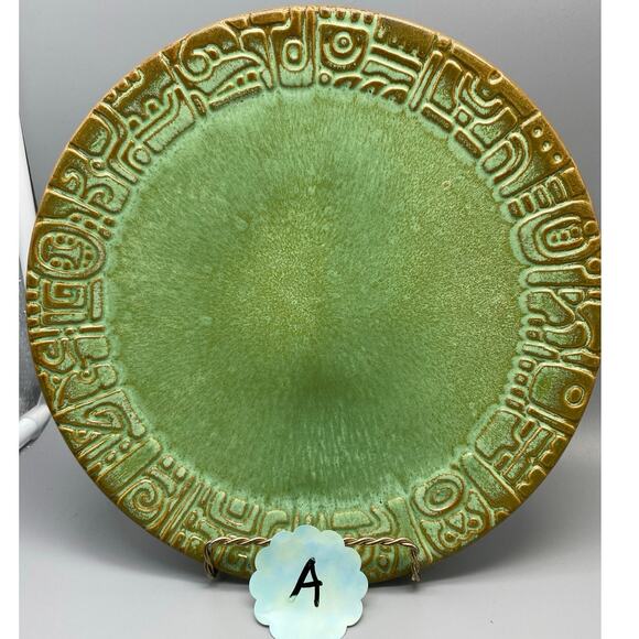 Vintage Mayan Aztec Frankoma Dinner plate Rutile Glaze Prairie Green Each Unique - Picture 1 of 10